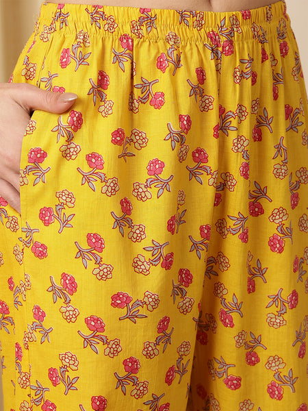 Miramaar Women's Mustard Cotton V-Neck Embroidered Kurta Pant with Dupatta