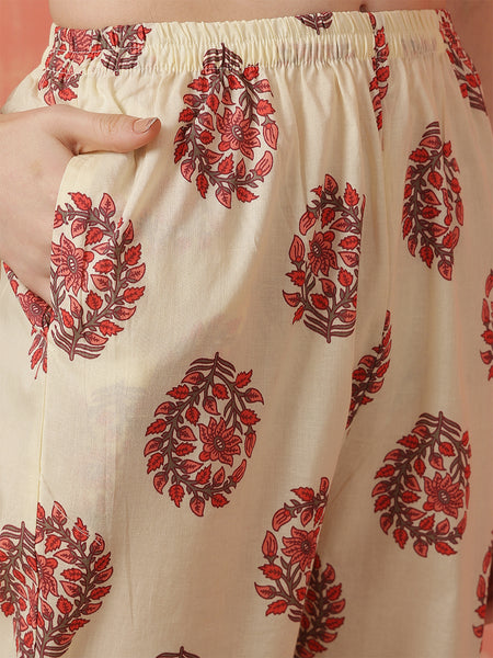 Miramaar Women's Yellow Printed Cotton Straight Adda Work Kurta Dupatta Set