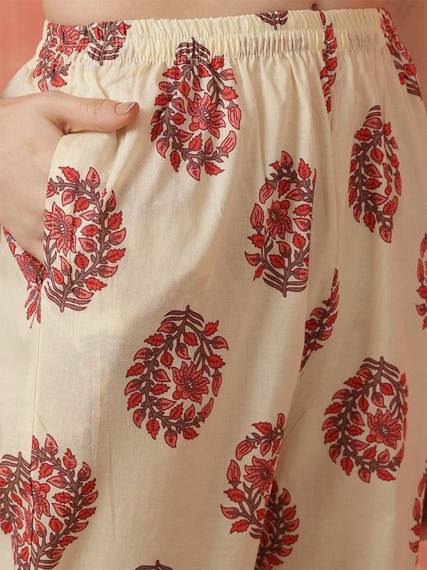 Miramaar Women's Yellow Printed Cotton Straight Adda Work Kurta Dupatta Set