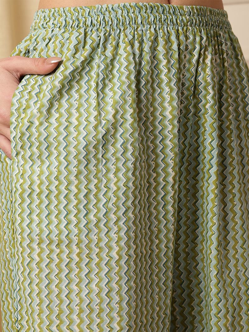 Miramaar Women's Beige & Green Katha Work Round Neck Kurta Pant with Dupatta