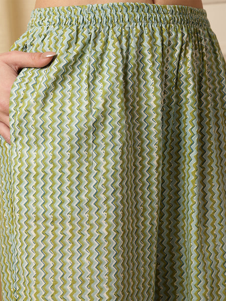 Miramaar Women's Beige & Green Katha Work Round Neck Kurta Pant with Dupatta