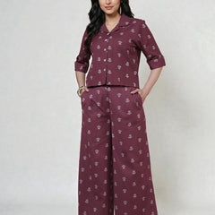 Miramaar Women's Wine Cotton Flex Spread Collar Crop top Coord Set