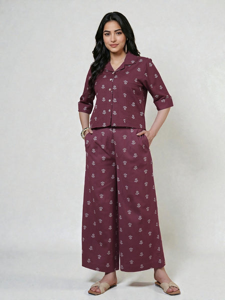 Miramaar Women's Wine Cotton Flex Spread Collar Crop top Coord Set