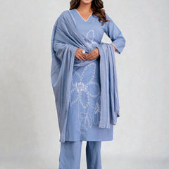 Miramaar Women's Cotton Blue Straight Embroidered Kurta Pant with Dupatta