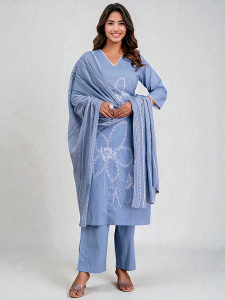 Miramaar Women's Cotton Blue Straight Embroidered Kurta Pant with Dupatta