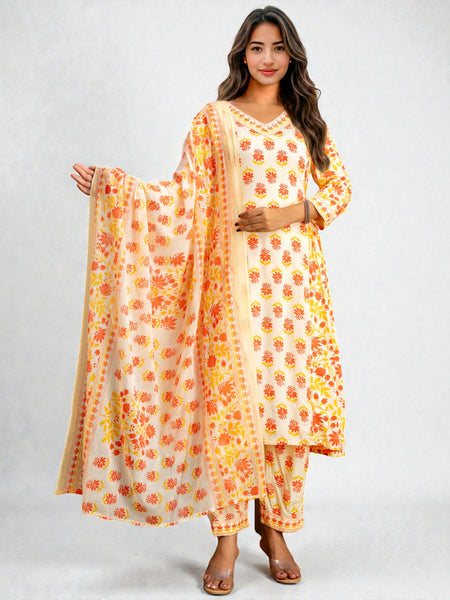 Miramaar Women's Yellow Printed Rayon Anarkali Adda Work Kurta Dupatta Set