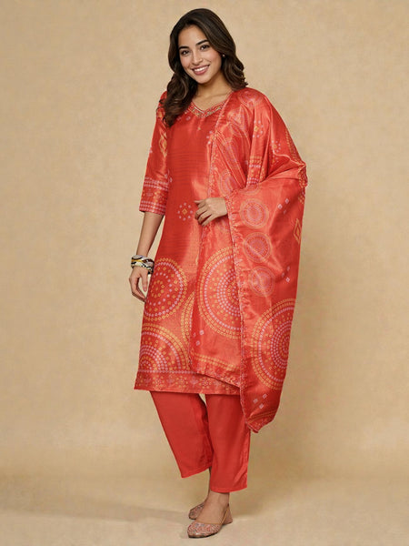 Miramaar Women's Red Shimmer V-Neck Straight Adda Work Kurta Set with Dupatta