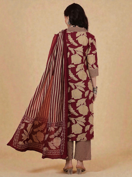 Miramaar Women's Purple Cotton V-Neck Adda Work Straight Kurta Dupatta Set