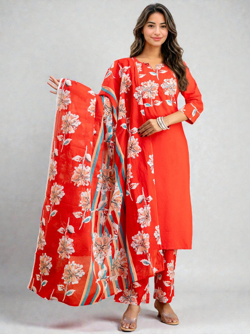Miramaar Women's Red Cotton Straight Adda Work Kurta Set with Dupatta
