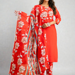 Miramaar Women's Red Cotton Straight Adda Work Kurta Set with Dupatta