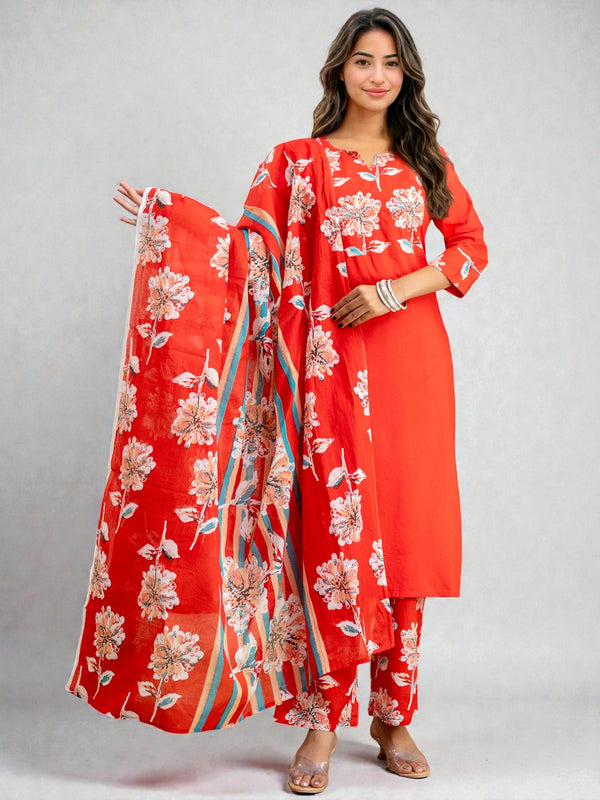 Miramaar Women's Red Cotton Straight Adda Work Kurta Set with Dupatta
