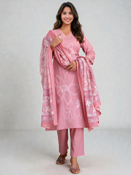 Miramaar Women's Cotton Pink Straight Embroidered Kurta Pant with Dupatta