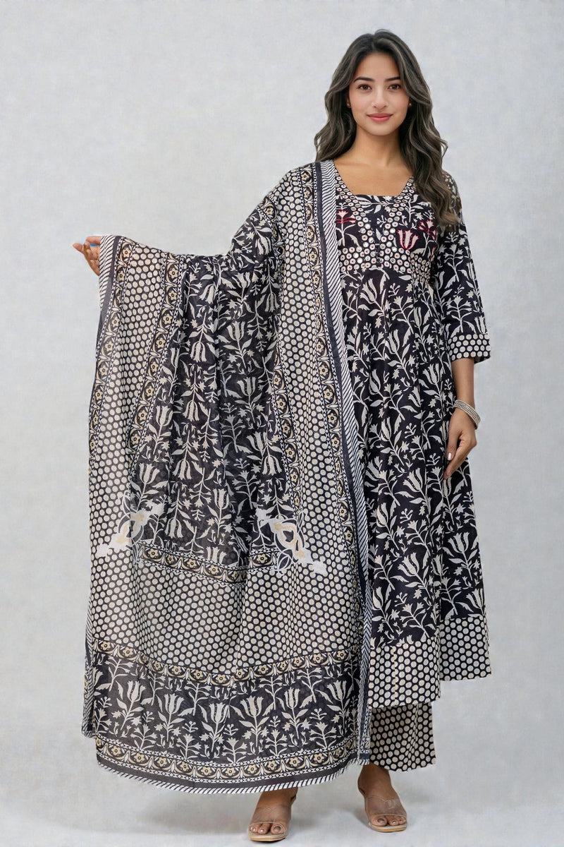 Miramaar Women's Anarkali Black Embroidered V-Neck Kurta Pant with Dupatta