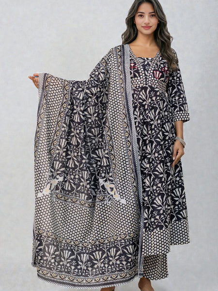 Miramaar Women's Anarkali Black Embroidered V-Neck Kurta Pant with Dupatta