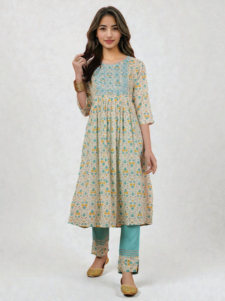 Miramaar Women's Blue Rayon Nyra Cut Kurta Set