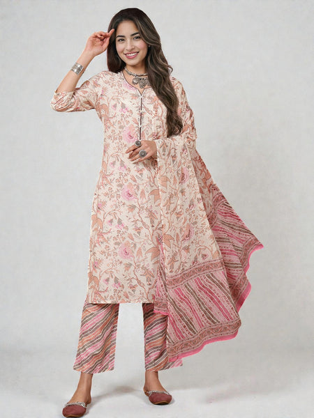 Miramaar Women's Pink Round Neck Straight Katha Work Kurta Pant with Dupatta