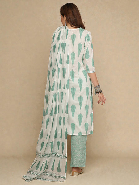 Miramaar Women's Green Cotton Round Neck Ebroidered Kurta Set with Dupatta