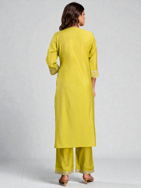 Miramaar Women's Roman Silk Embroidered Lime Green Kurta Pant with Dupatta