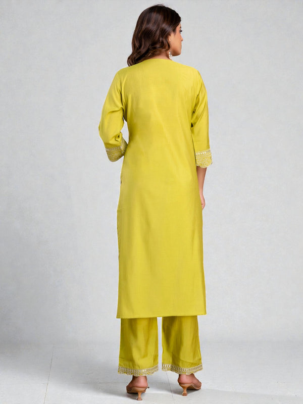 Miramaar Women's Roman Silk Embroidered Lime Green Kurta Pant with Dupatta