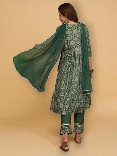 Miramaar Women's Green Rayon A-Line Kurta Set with Dupatta