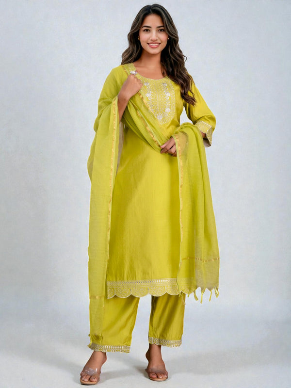 Miramaar Women's Roman Silk Embroidered Lime Green Kurta Pant with Dupatta