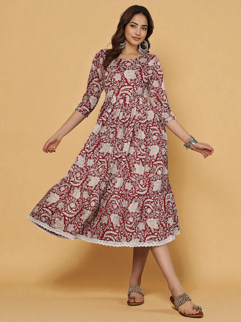 Miramaar Women's Red Delta Crepe Round Neck Fit and Flare Dress