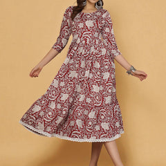 Miramaar Women's Red Delta Crepe Round Neck Fit and Flare Dress