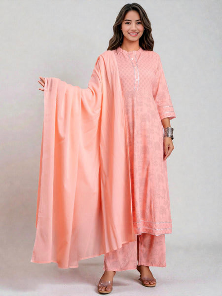 Miramaar Women's Peach Anarkali Embroidered Kurta Dupatta Set