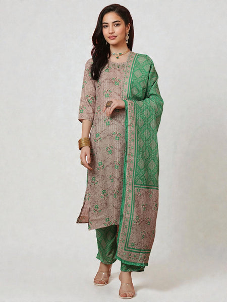 Miramaar Women's Green Muslin Printed Straight Adda Work Kurta Dupatta Set