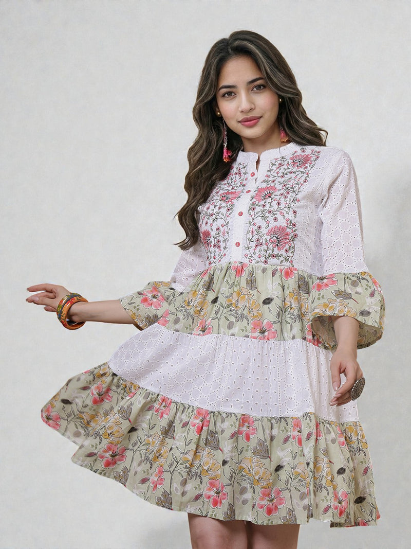 Miramaar Women's White & Green Mandarin Collar Embroidered Fit & Flare Dress