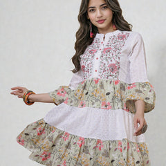 Miramaar Women's White & Green Mandarin Collar Embroidered Fit & Flare Dress