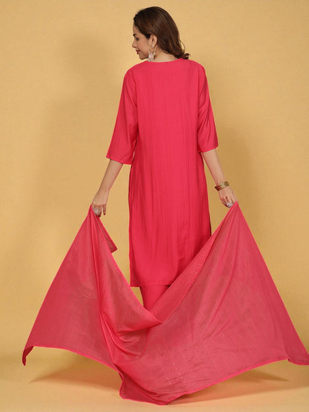 Miramaar Women's Pink V-Neck Roman Silk Kurta Set with Dupatta