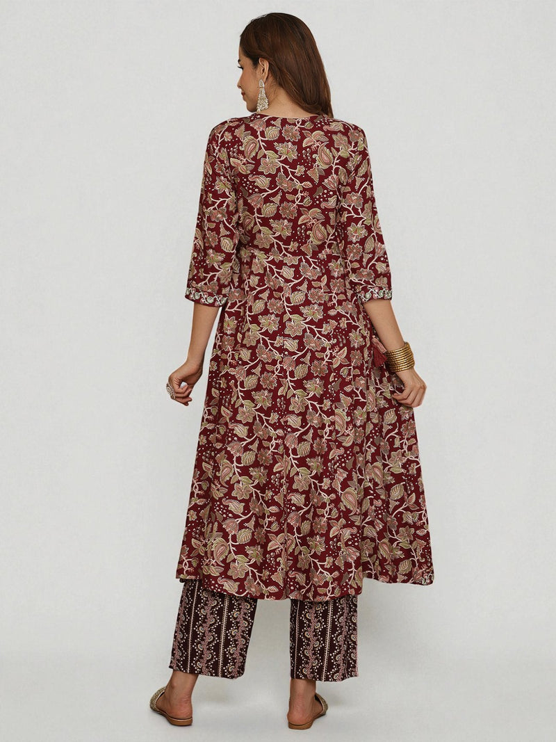 Miramaar Women's Purple Rayon A-Line Kurta Set with Neck Embroidery