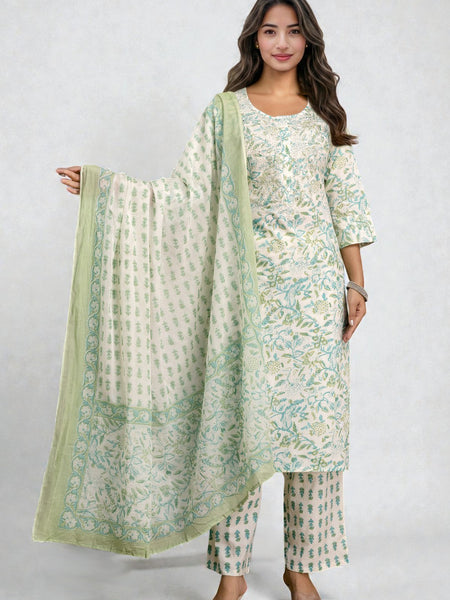 Miramaar Women's Green Straight Adda Work Cotton Kurta Pant with Dupatta