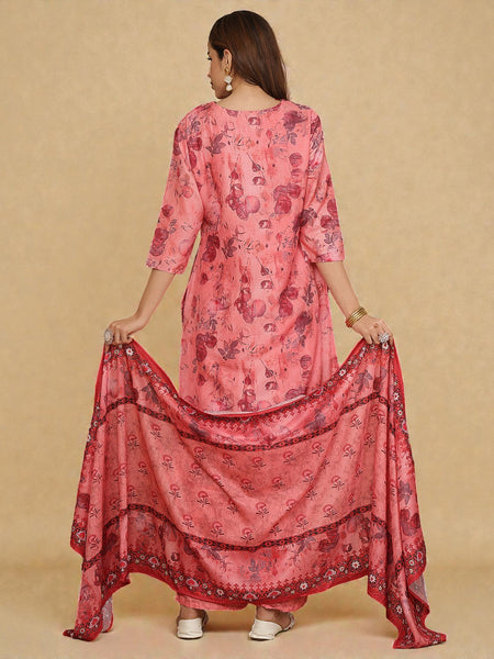 Miramaar Women's Peach Digital Print Straight Muslin Kurta Set with Dupatta