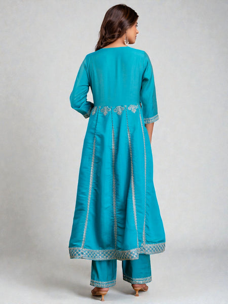 Miramaar Women's Roman Shimmer Embroidered Blue Kurta Pant with Dupatta