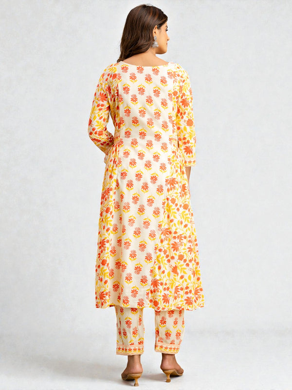 Miramaar Women's Yellow Printed Rayon Anarkali Adda Work Kurta Dupatta Set