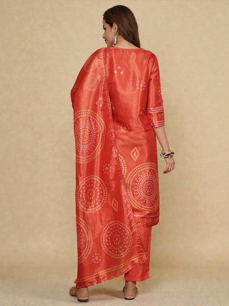 Miramaar Women's Red Shimmer V-Neck Straight Adda Work Kurta Set with Dupatta