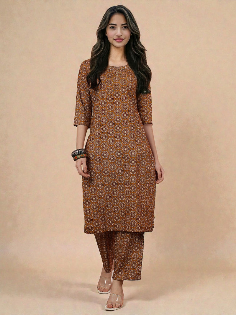 Miramaar Women's Brown Printed Poly Cotton Straight Kurta Set