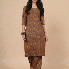 Miramaar Women's Brown Printed Poly Cotton Straight Kurta Set