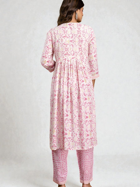 Miramaar Women's Pink Rayon A-line Embroidered Kurta Pant Set