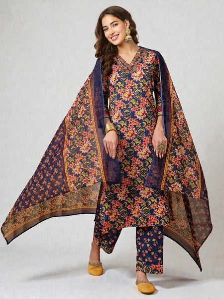 Miramaar Women's Navy Blue Printed V-Neck Straight Embroidered Kurta Pant with Dupatta