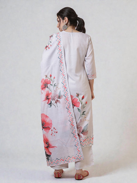 Miramaar Women's Grey V-neck Digital Print Straight Kurta Pant with Dupatta