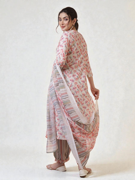 Miramaar Women's Cotton Linen Pintex Off White Straight Kurta Pant with Dupatta