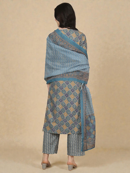 Miramaar Women's Blue Printed Straight Adda Work Kurta Set with Dupatta