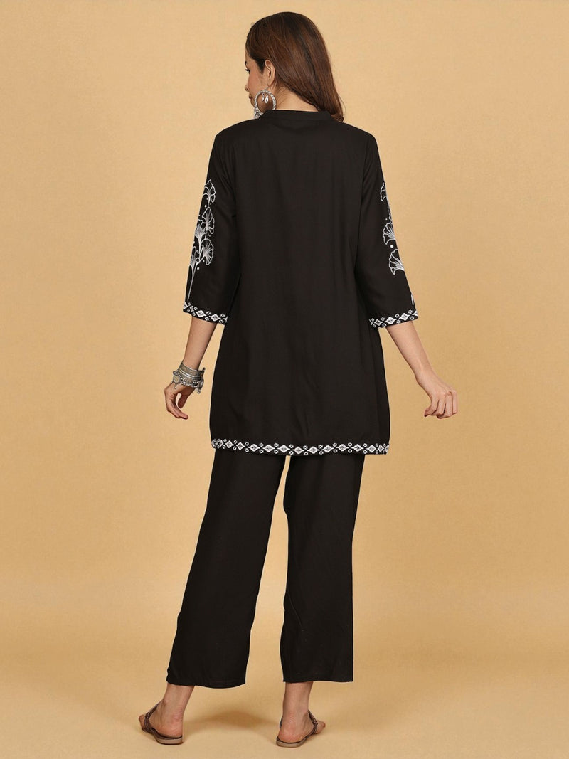 Miramaar Women's Black Rayon Mandarin Collar Co-ord Set