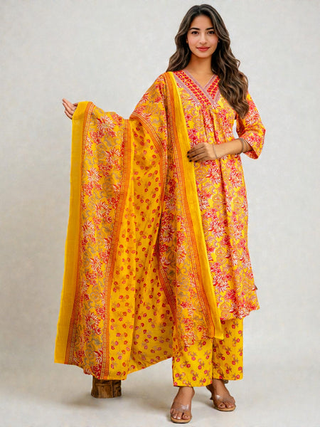 Miramaar Women's Mustard Printed A-line Kurta Pant with Dupatta
