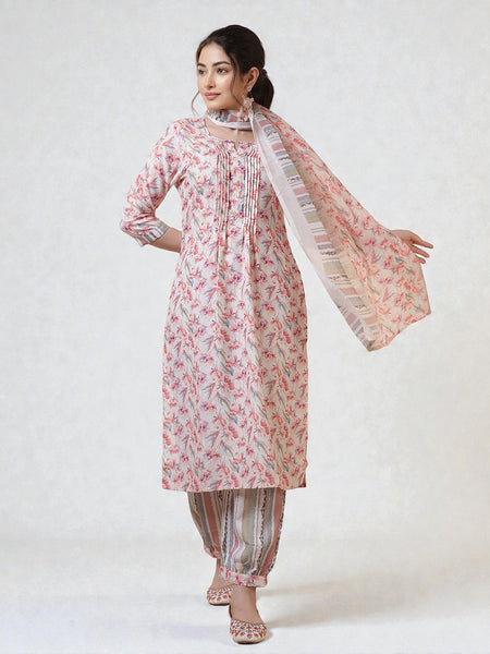 Miramaar Women's Cotton Linen Pintex Off White Straight Kurta Pant with Dupatta