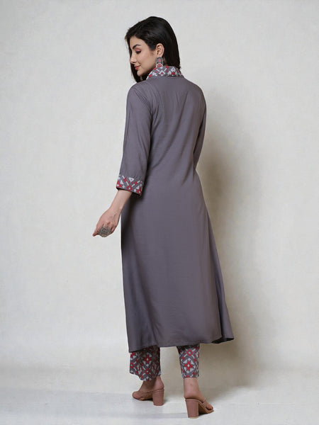 Miramaar Women's Grey Rayon Slub Printed Kurta Pant Set