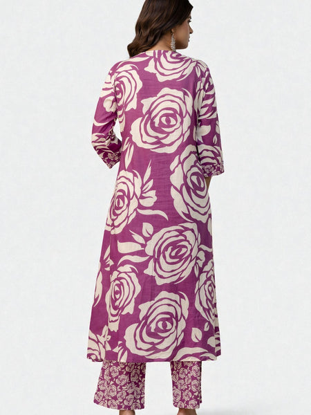 Miramaar Women's Wine Straight Adda Work V-Neck Printed Kurta Pant with Dupatta